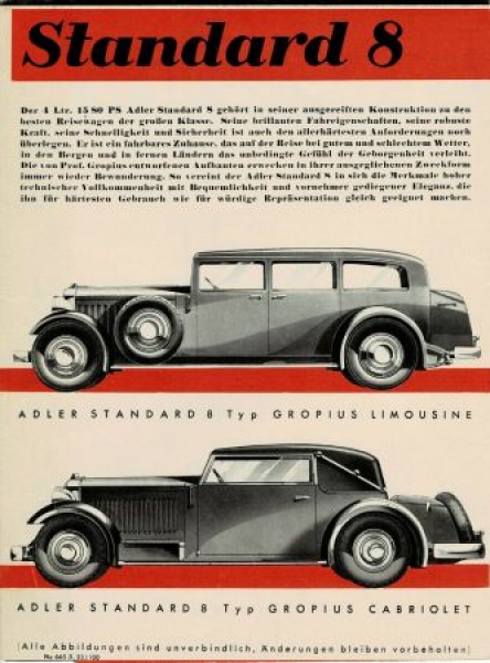 Adler Standard 8 Gropius Sedan Moidelprogram "Adler baut" 1934 Carbrochure (7012)